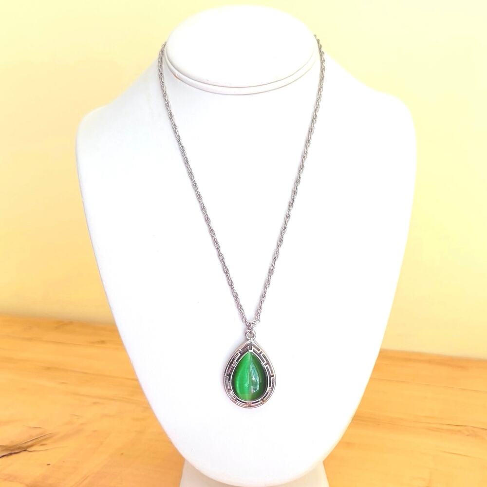 Green Chatoyancy Teardrop Pendant Statement Necklace Greek Key Border 20" Chain
